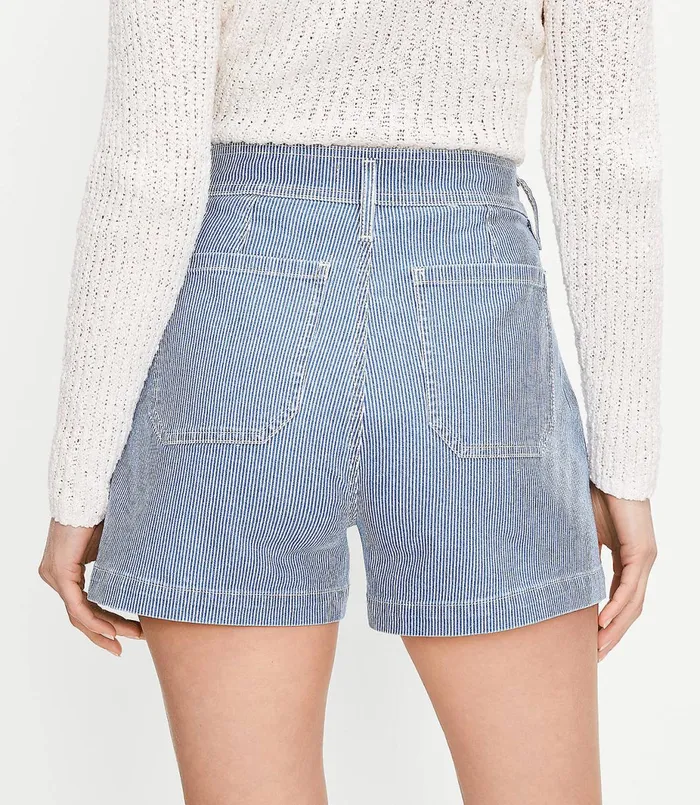 LOFT High Rise Welt Pocket Denim Shorts In Indigo Stripe Indigo Stripe Women Shorts