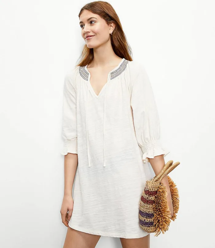 LOFT LOFT Beach Embroidered Tie Neck Swimsuit Coverup Whitecap Women Swim and Beach