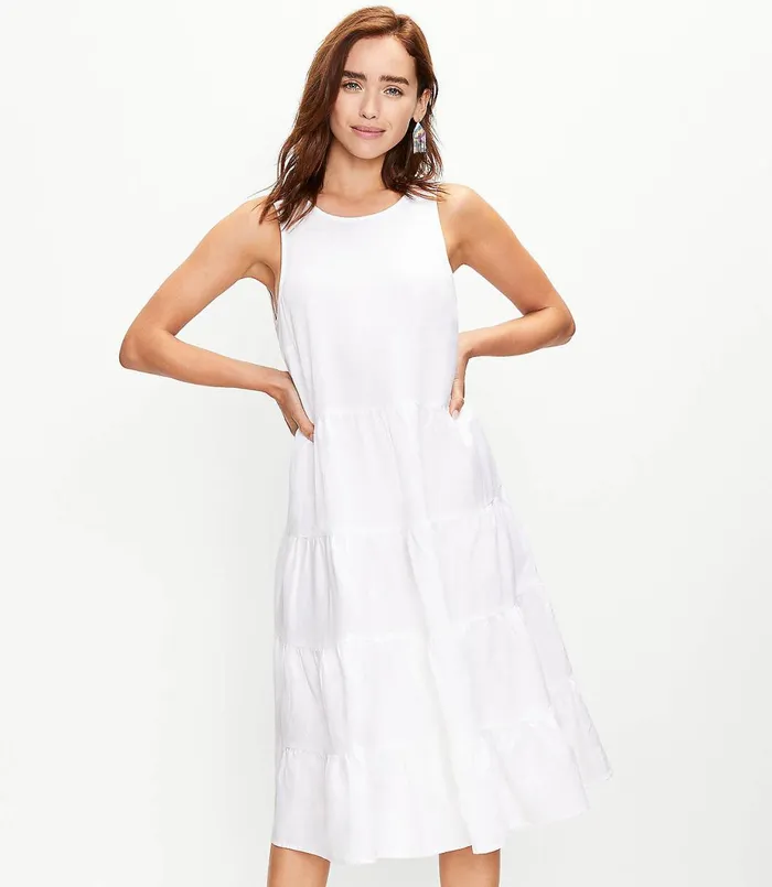 LOFT LOFT Beach Open Back Tiered Midi Dress White Women Midi and Maxi