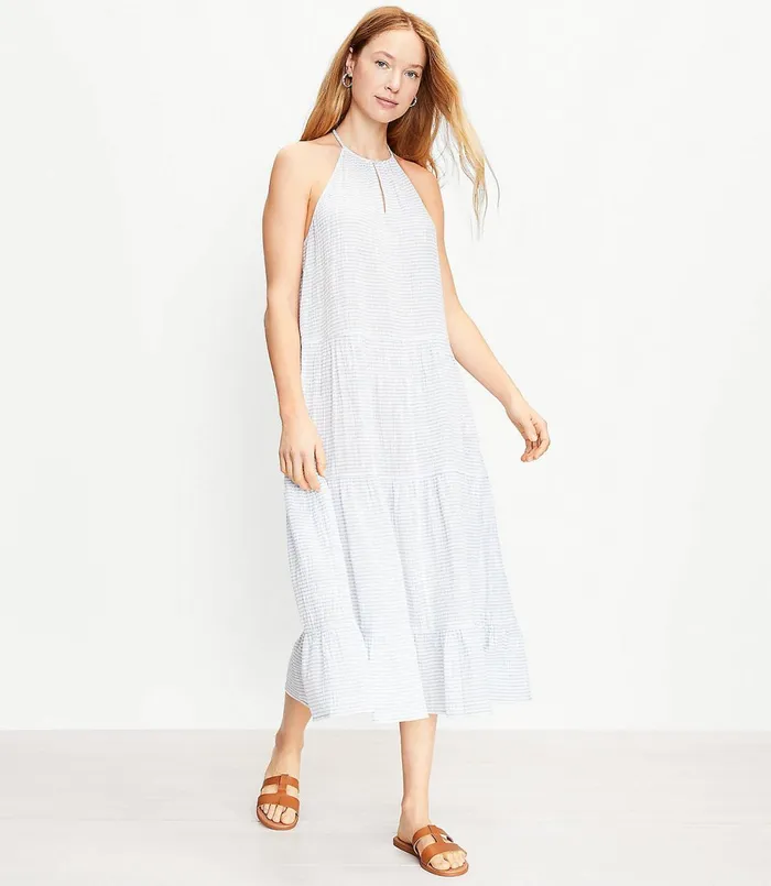 LOFT LOFT Beach Tiered Halter Midi Dress White Women Midi and Maxi