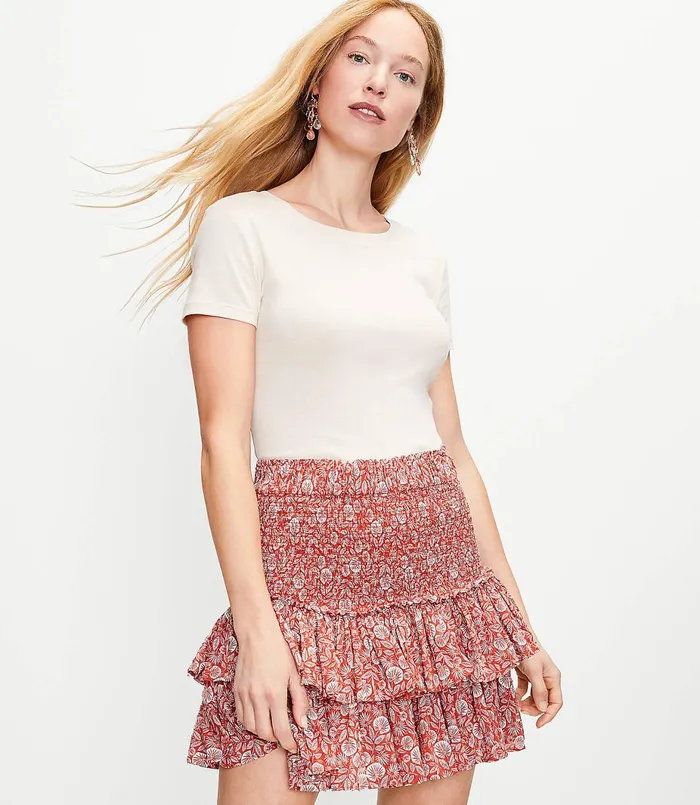 LOFT Palm Smocked Tiered Skirt Rich Chestnut Women Skirts