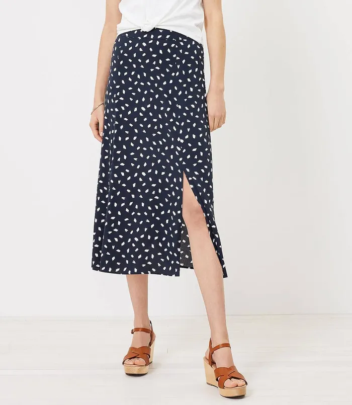 LOFT Petite Brushstroke Slit Midi Skirt Batik Blue Women Petite Skirts