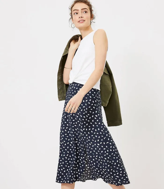 LOFT Petite Brushstroke Slit Midi Skirt Batik Blue Women Petite Skirts