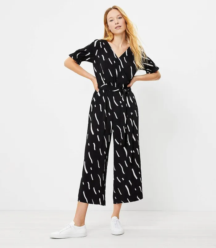 LOFT Petite Brushstroke Wrap Jumpsuit Black Women Petite Dresses