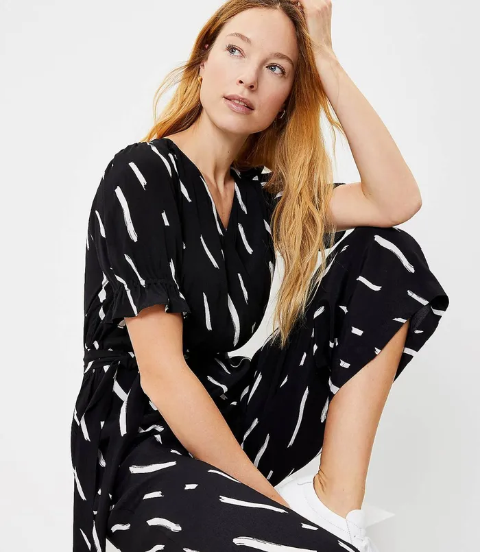 LOFT Petite Brushstroke Wrap Jumpsuit Black Women Petite Dresses