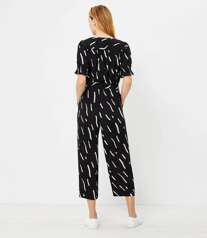 LOFT Petite Brushstroke Wrap Jumpsuit Black Women Petite Dresses