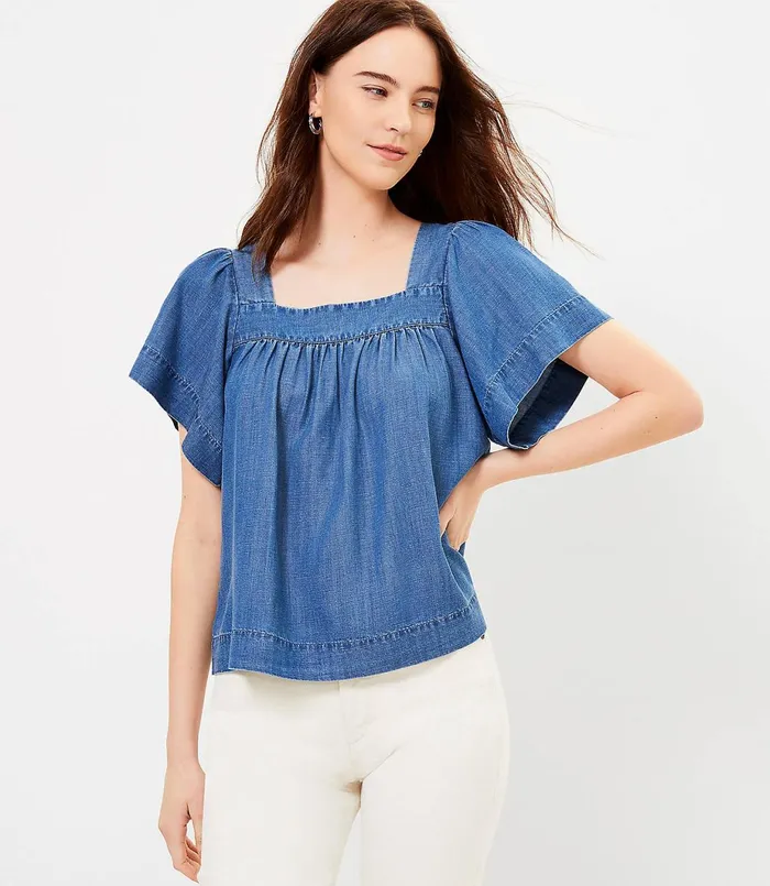 LOFT Petite Chambray Square Neck Top Bluebell Chambray Women Petite Tops