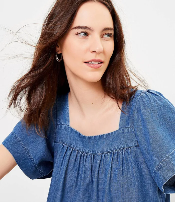 LOFT Petite Chambray Square Neck Top Bluebell Chambray Women Petite Tops