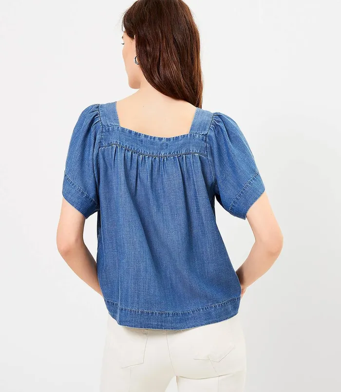 LOFT Petite Chambray Square Neck Top Bluebell Chambray Women Petite Tops
