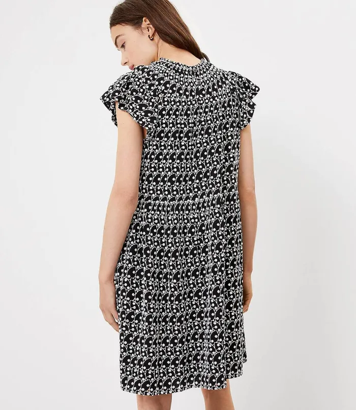 LOFT Petite Eyelet Smocked Yoke Swing Dress Black Women Petite Dresses