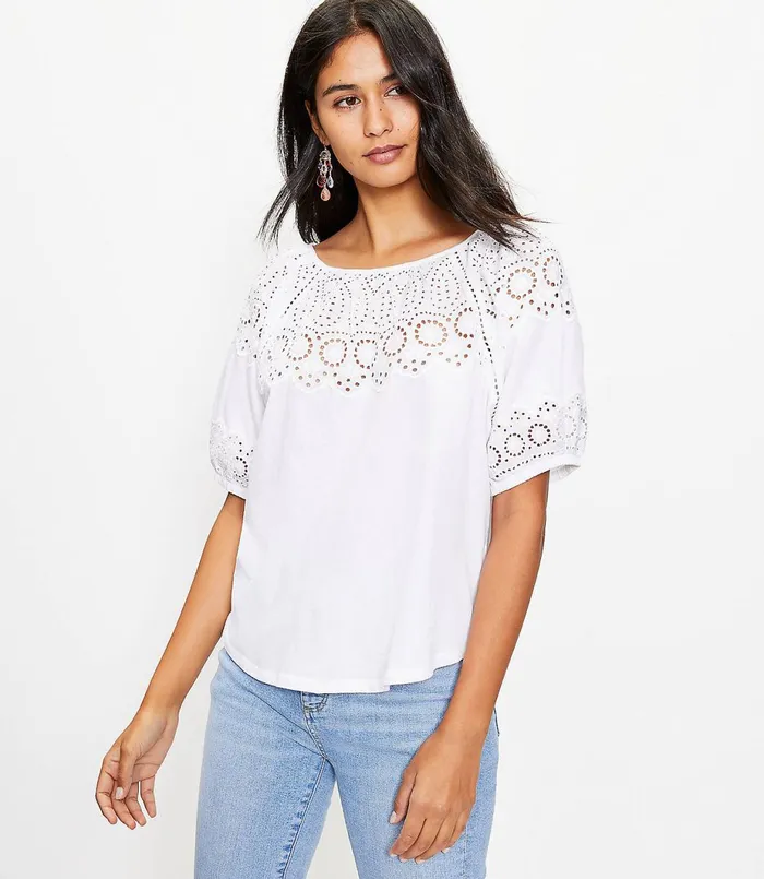 LOFT Petite Eyelet Yoke Top White Women Petite Tops