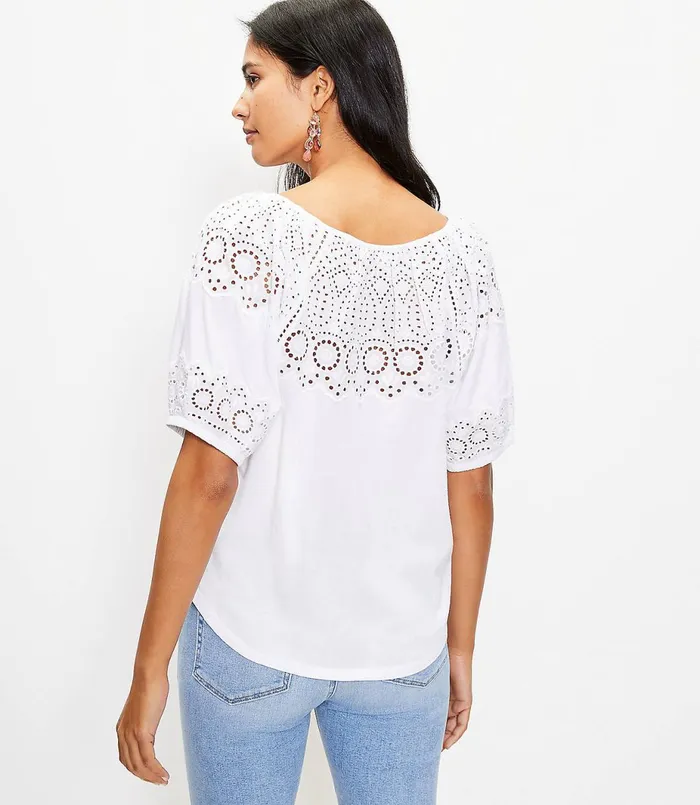LOFT Petite Eyelet Yoke Top White Women Petite Tops