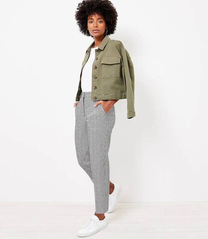 LOFT Petite Perfect Straight Pants In Gingham Stretch Double Weave Blackwhite Multi Women Petite Pants