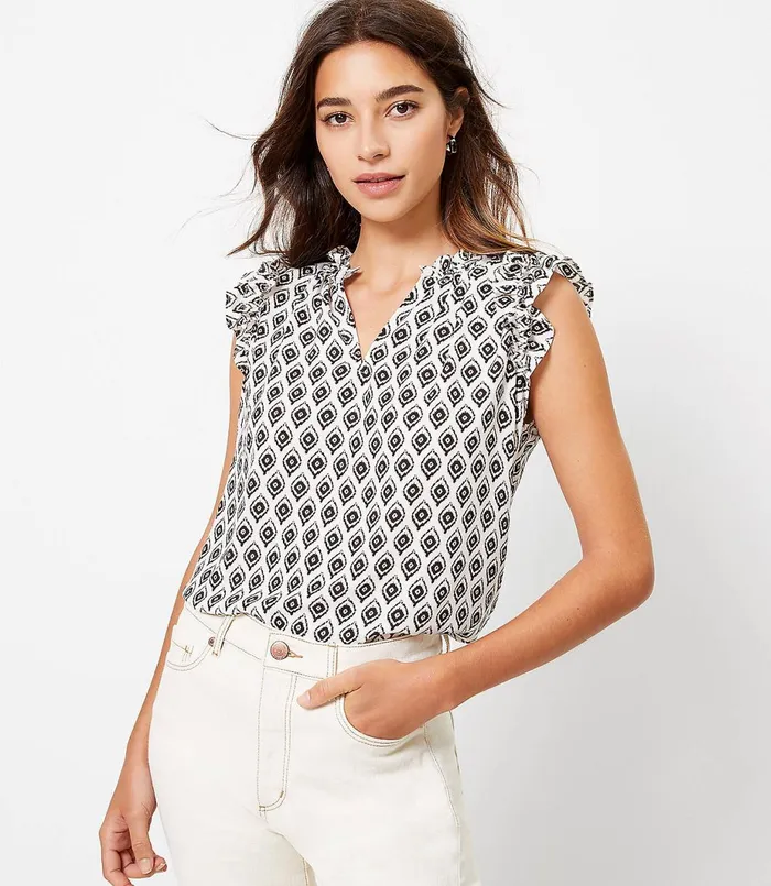 LOFT Petite Ruffle Split Neck Shell Whisper White Women Petite Tops