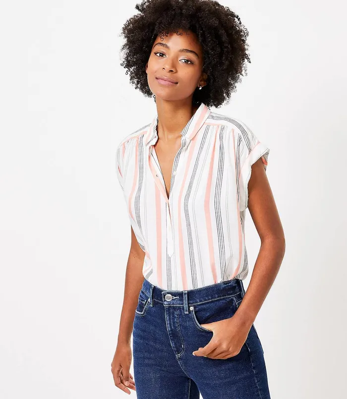 LOFT Petite Striped Dolman Henley Shirt Whisper White Women Petite Tops