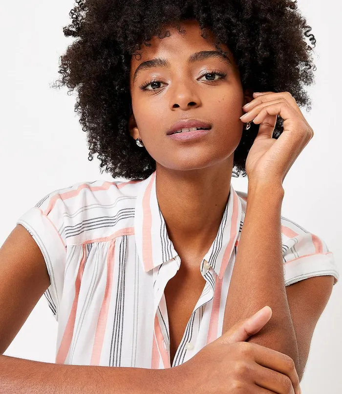 LOFT Petite Striped Dolman Henley Shirt Whisper White Women Petite Tops