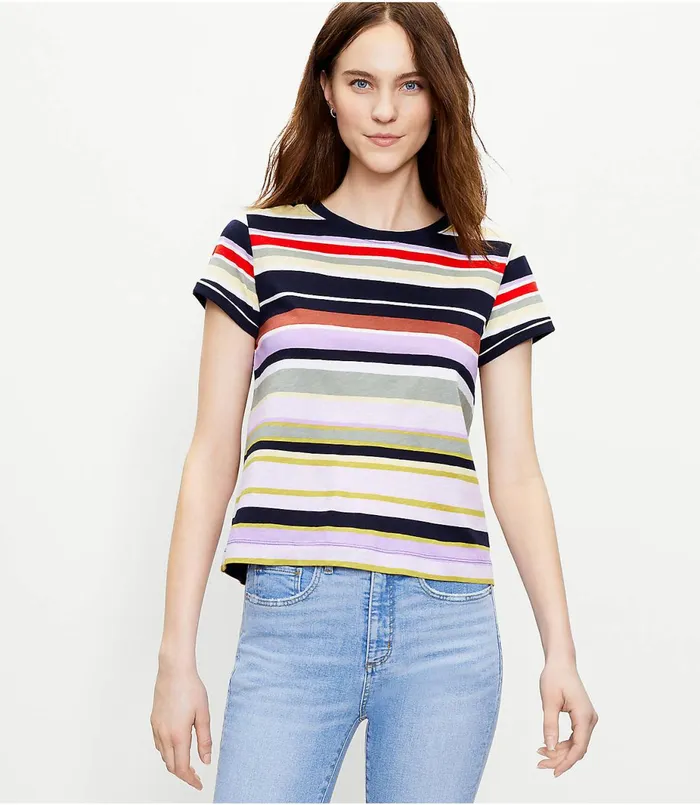 LOFT Petite Striped Everyday Crew Neck Tee Forever Navy Women Petite Tops