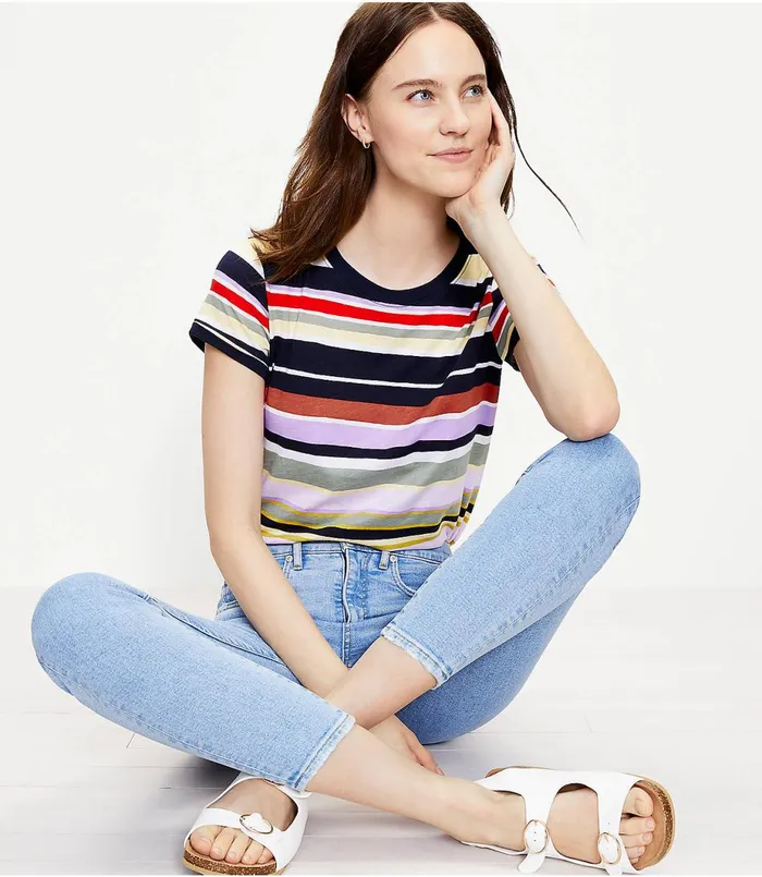 LOFT Petite Striped Everyday Crew Neck Tee Forever Navy Women Petite Tops