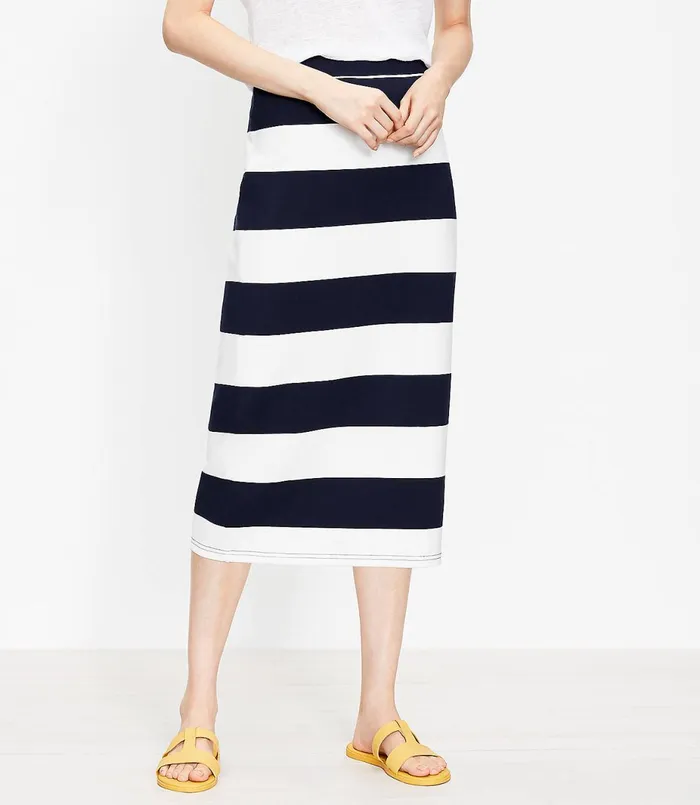 LOFT Petite Striped Pull On Midi Skirt Forever Navy Women Petite Skirts