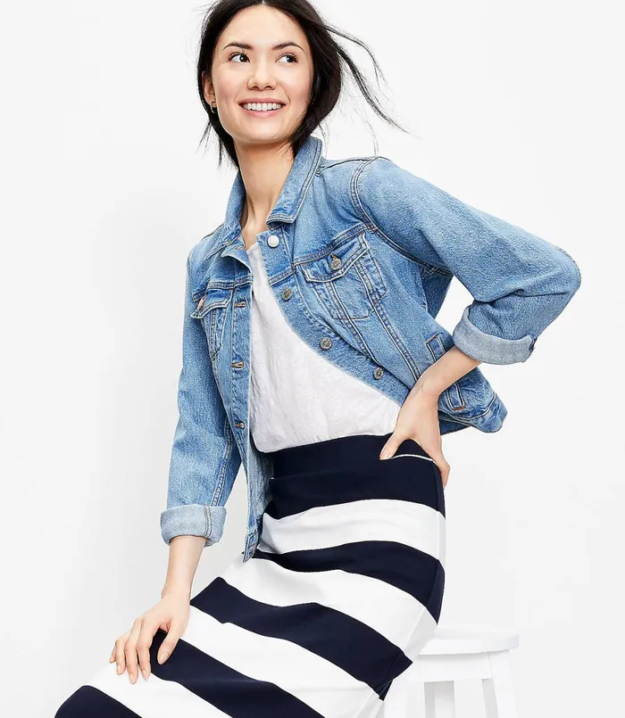 LOFT Petite Striped Pull On Midi Skirt Forever Navy Women Petite Skirts