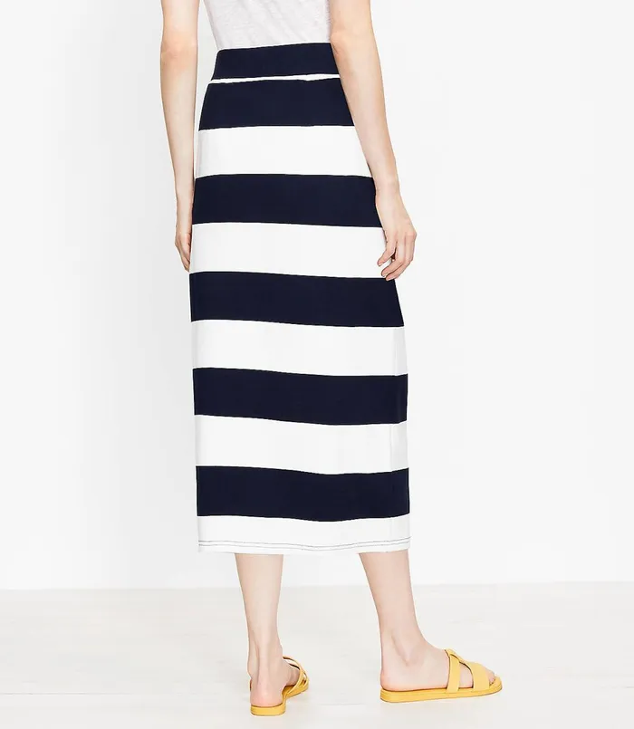LOFT Petite Striped Pull On Midi Skirt Forever Navy Women Petite Skirts