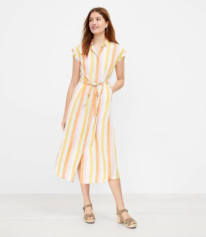 LOFT Stripe Belted Pocket Midi Shirtdress Whisper White Women Party Dresses