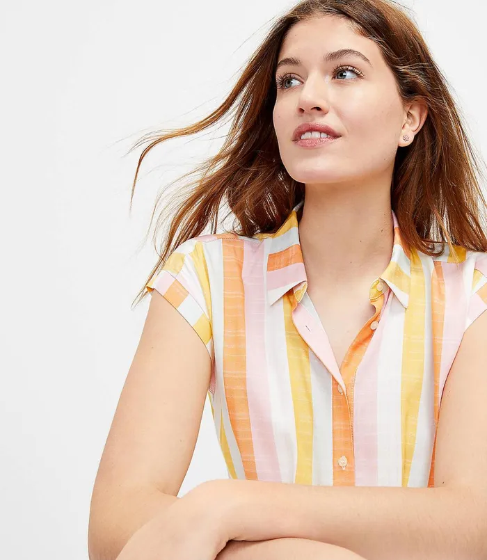 LOFT Stripe Belted Pocket Midi Shirtdress Whisper White Women Party Dresses