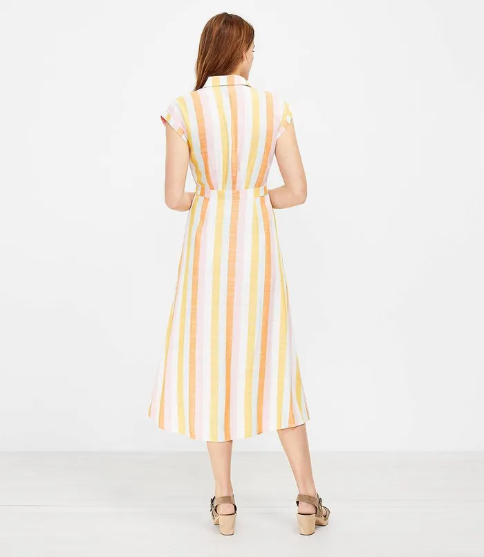 LOFT Stripe Belted Pocket Midi Shirtdress Whisper White Women Party Dresses
