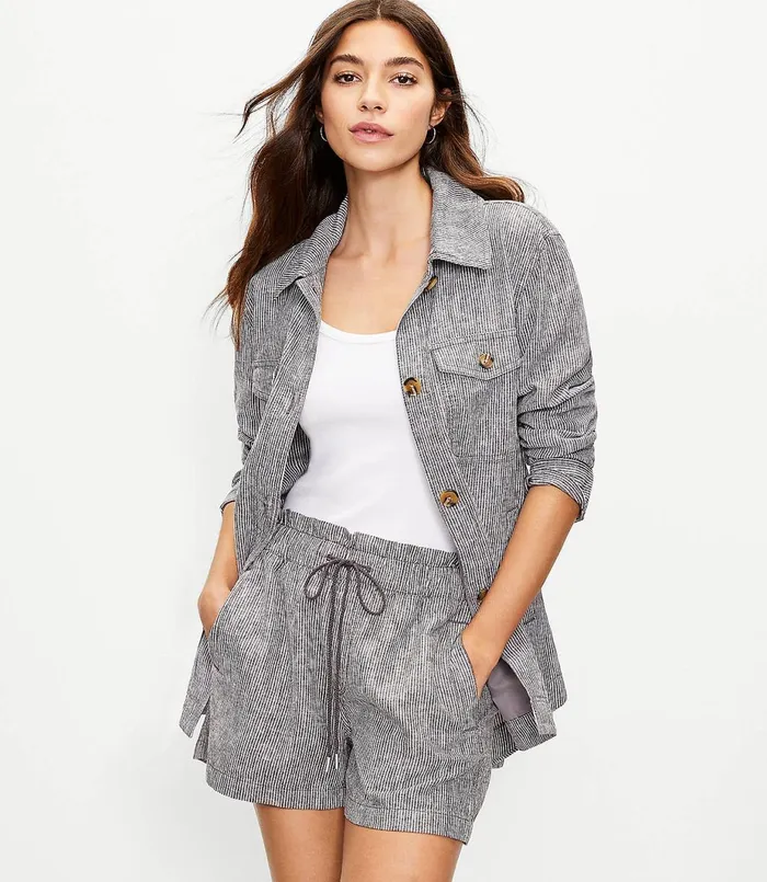 LOFT Striped Shirt Jacket Blackwhite Multi Women Jackets and Blazers