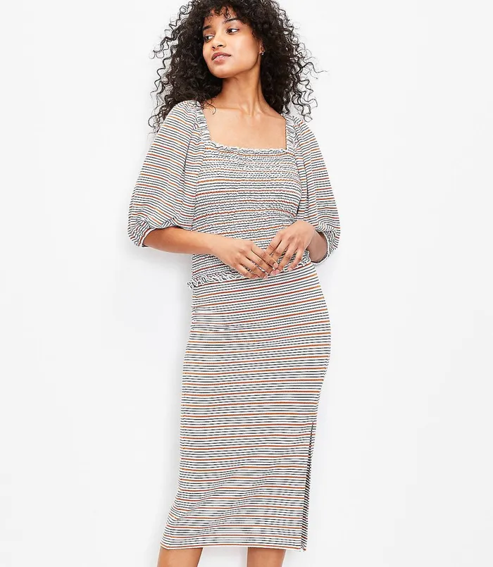 LOFT Striped Smocked Drape Sleeve Top Whisper White Women Petite Tops