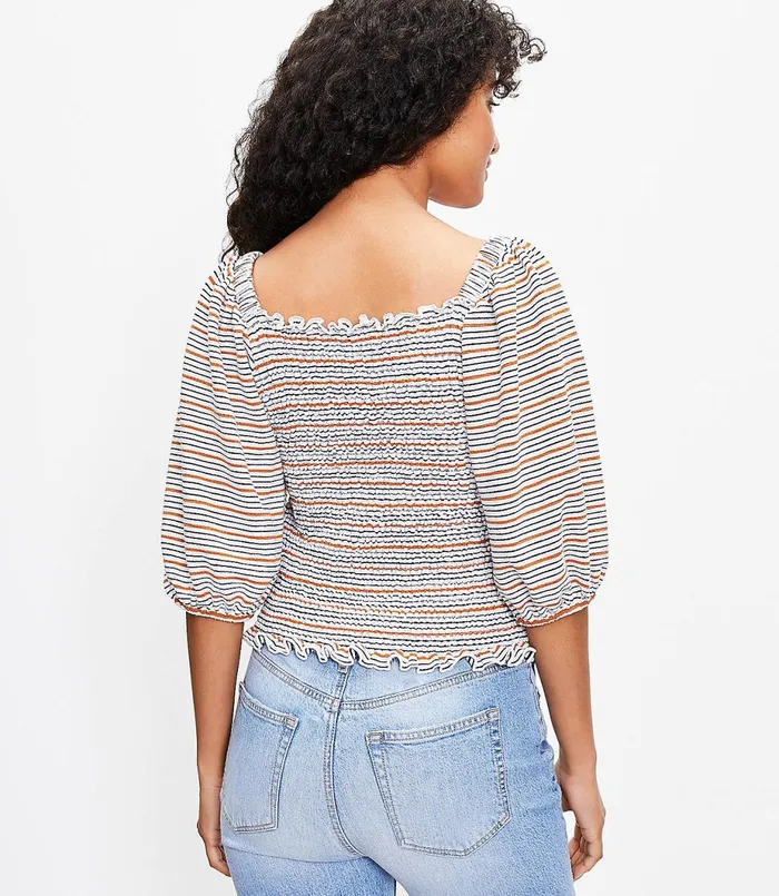 LOFT Striped Smocked Drape Sleeve Top Whisper White Women Petite Tops