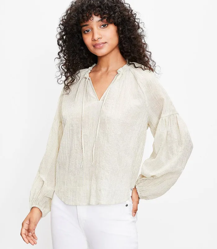LOFT Striped Split Neck Blouse Mojito Green Women Petite Tops