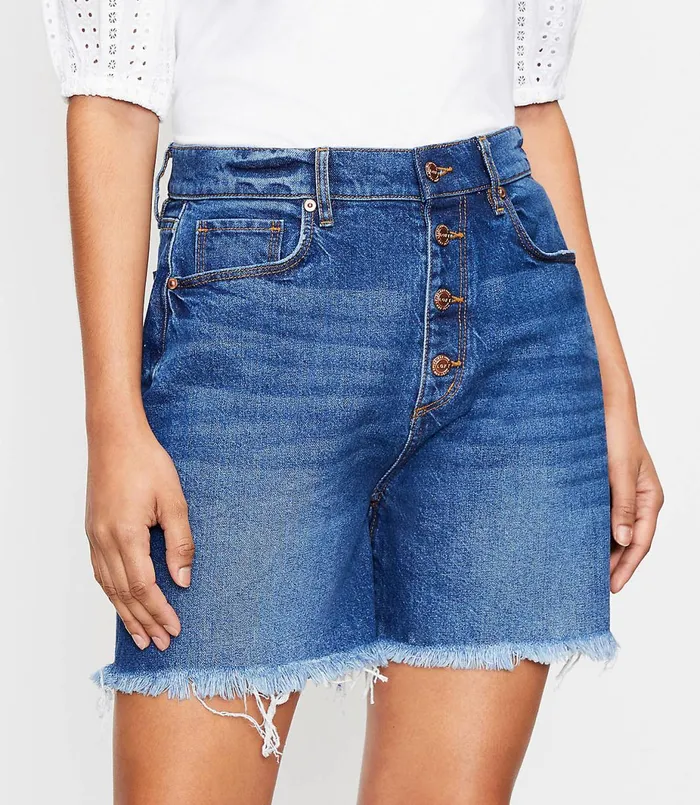 LOFT The Frayed Button Front High Waist Boyfriend Short In Vintage Dark Indigo Vintage Dark Indigo Wash Women Shorts