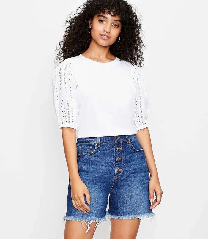 LOFT The Frayed Button Front High Waist Boyfriend Short In Vintage Dark Indigo Vintage Dark Indigo Wash Women Shorts