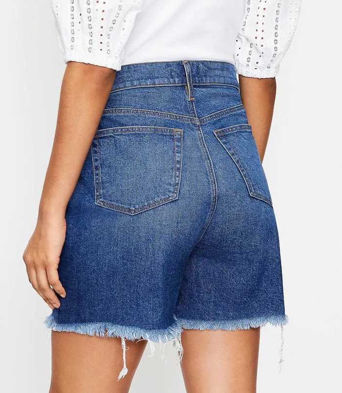 LOFT The Frayed Button Front High Waist Boyfriend Short In Vintage Dark Indigo Vintage Dark Indigo Wash Women Shorts