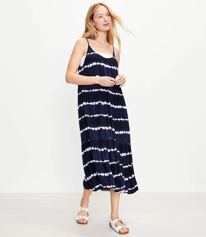 LOFT Tie Dye Strappy Tiered Midi Dress Forever Navy Women Party Dresses