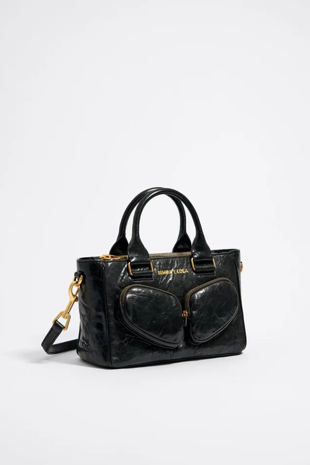 Medium Black Leather Pocket Tote Bag Black Women Bimba Y Lola Crossbody Bags