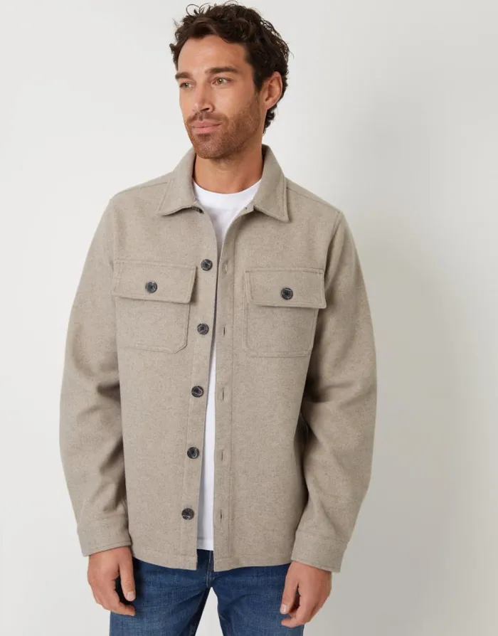 Men Beige Faux Wool Button Up Shacket Threadbare Shirts
