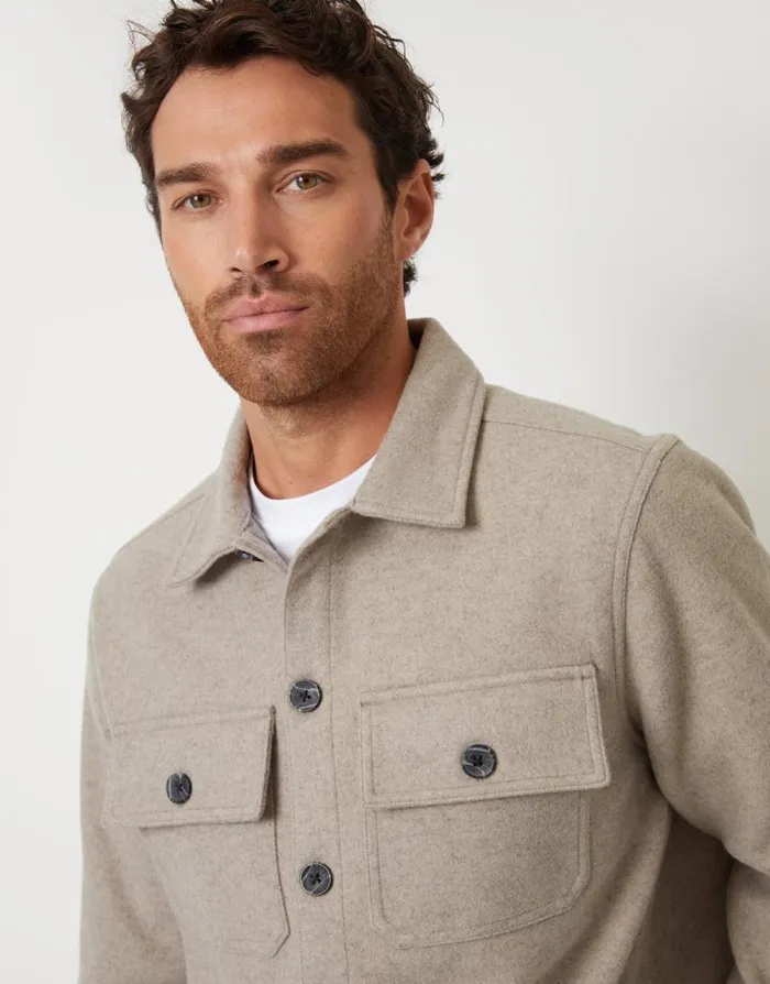 Men Beige Faux Wool Button Up Shacket Threadbare Shirts Men Beige Faux Wool Button Up Shacket Threadbare Shirts