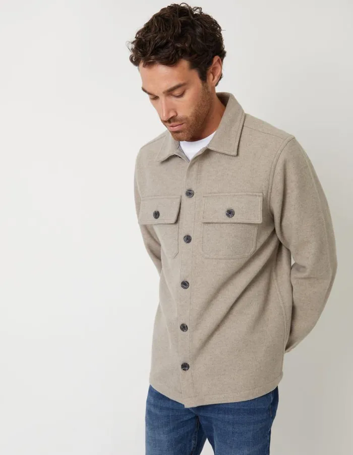 Men Beige Faux Wool Button Up Shacket Threadbare Shirts Men Beige Faux Wool Button Up Shacket Threadbare Shirts