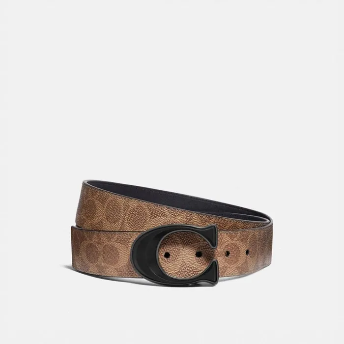 Men Belts Coach Signature Buckle Cut To Size Reversible Belt 38 Mm Khakiblack