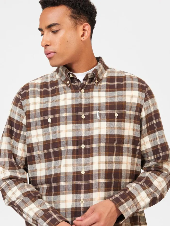 Men Ben Sherman Long Sleeve Shirts Brushed Plain Check Shirt 8211 Chocolate