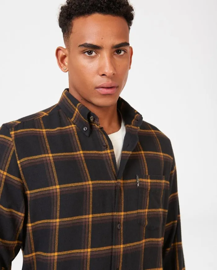 Men Ben Sherman Long Sleeve Shirts Oversized Brushed Check Shirt 8211 Black