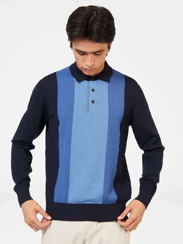 Men Ben Sherman Mod Knit Polos Block Stripe Merino Knit Polo 8211 Dark Navy