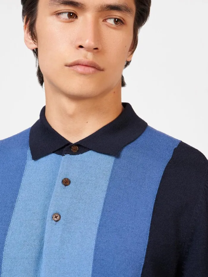 Men Ben Sherman Mod Knit Polos Block Stripe Merino Knit Polo 8211 Dark Navy
