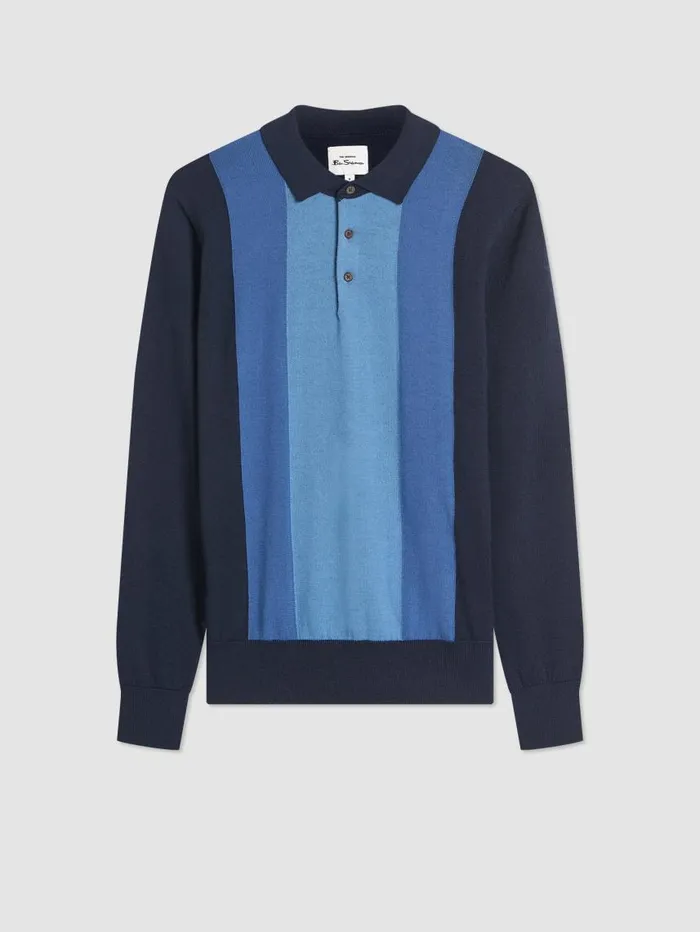 Men Ben Sherman Mod Knit Polos Block Stripe Merino Knit Polo 8211 Dark Navy
