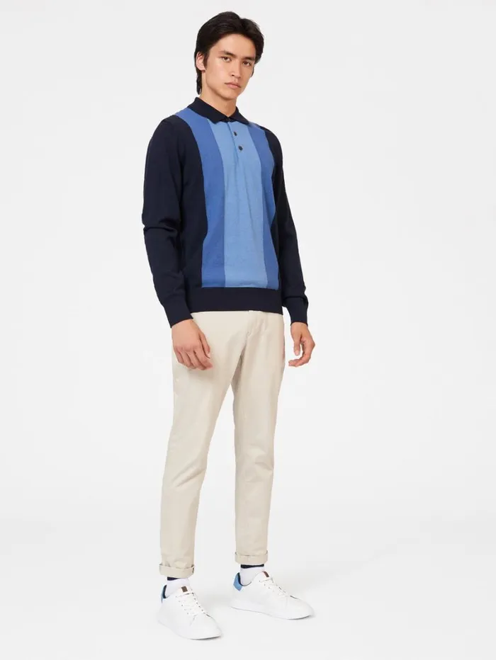 Men Ben Sherman Mod Knit Polos Block Stripe Merino Knit Polo 8211 Dark Navy