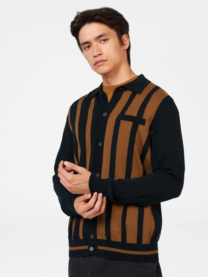 Men Ben Sherman Mod Knit Polos Button Through Stripe Knit Polo 8211 Black