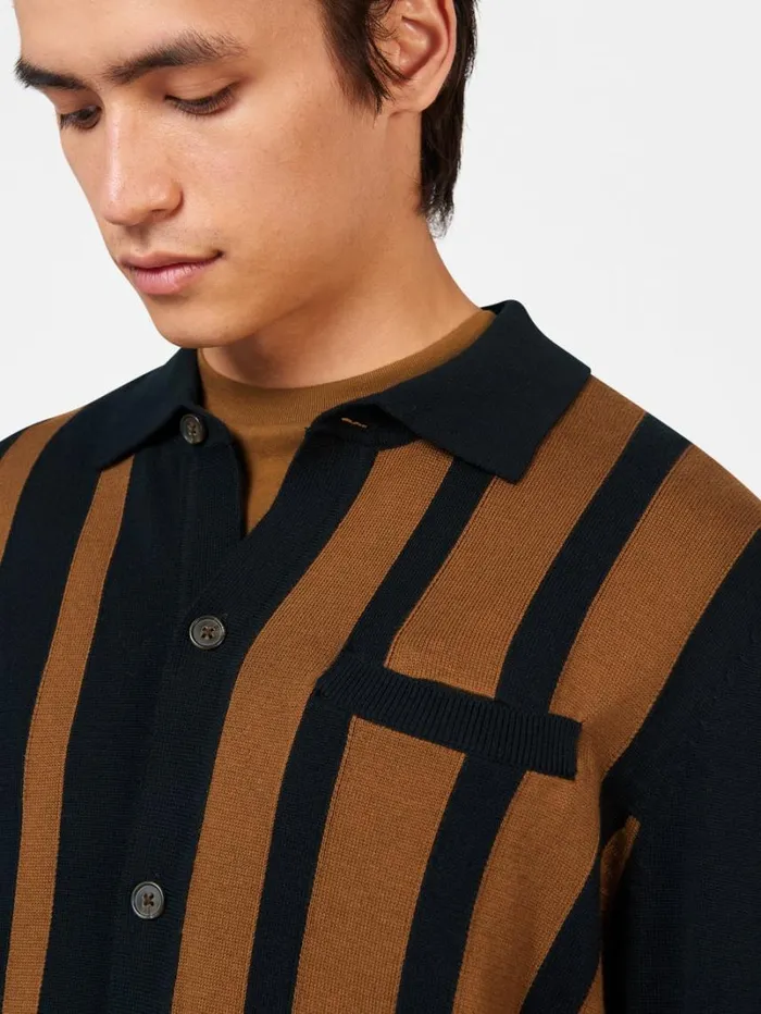 Men Ben Sherman Mod Knit Polos Button Through Stripe Knit Polo 8211 Black
