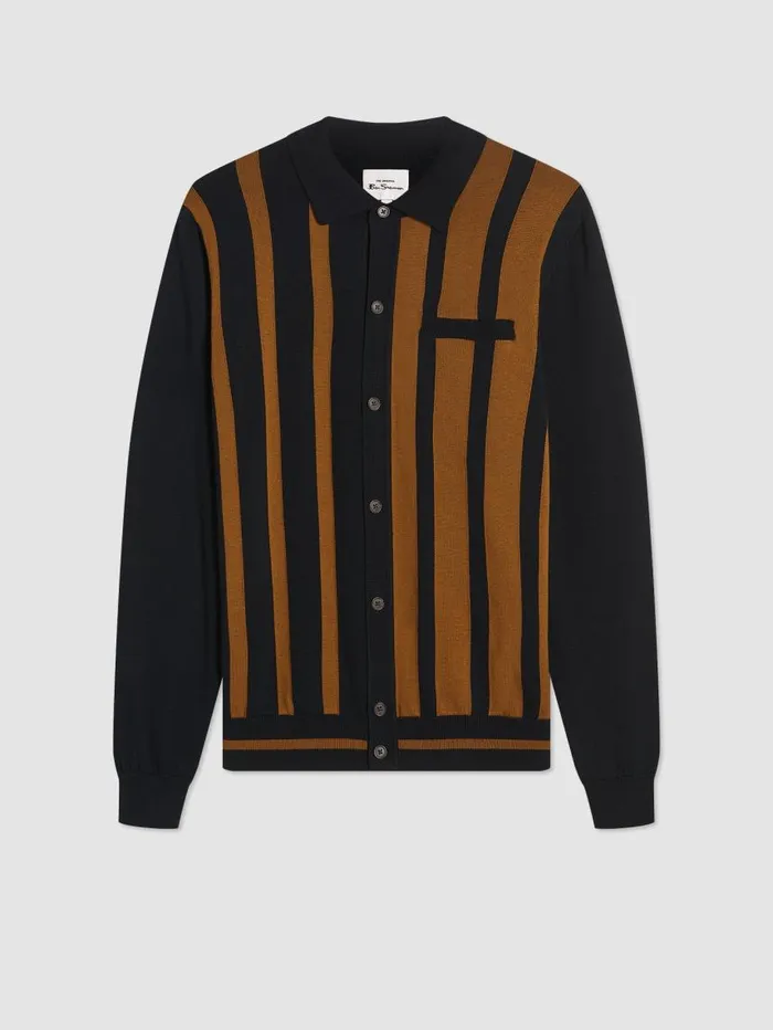 Men Ben Sherman Mod Knit Polos Button Through Stripe Knit Polo 8211 Black